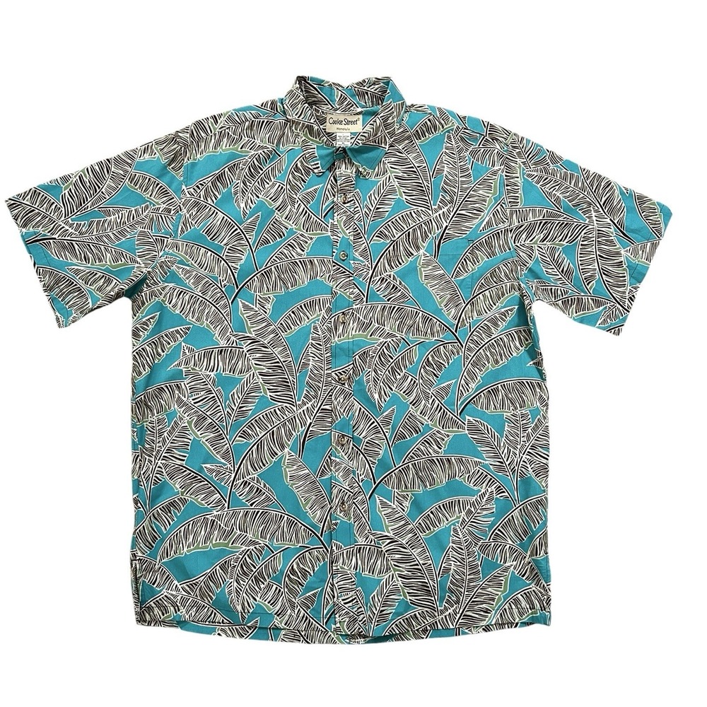 Cooke Street Hawaiian Shirt Men's XL Teal Tropical Banana Leaves Cotton Resort